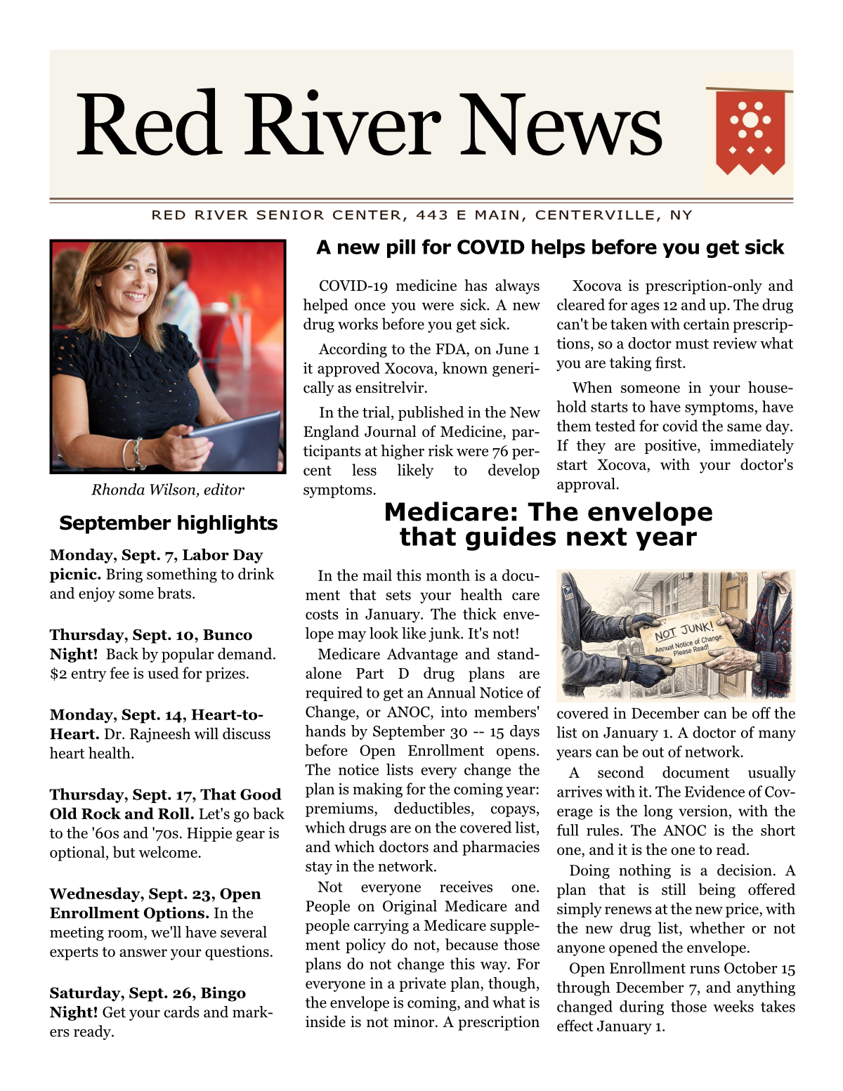 Example of Good News for Seniors personalized with a senior center's own name, photo, and contact information.