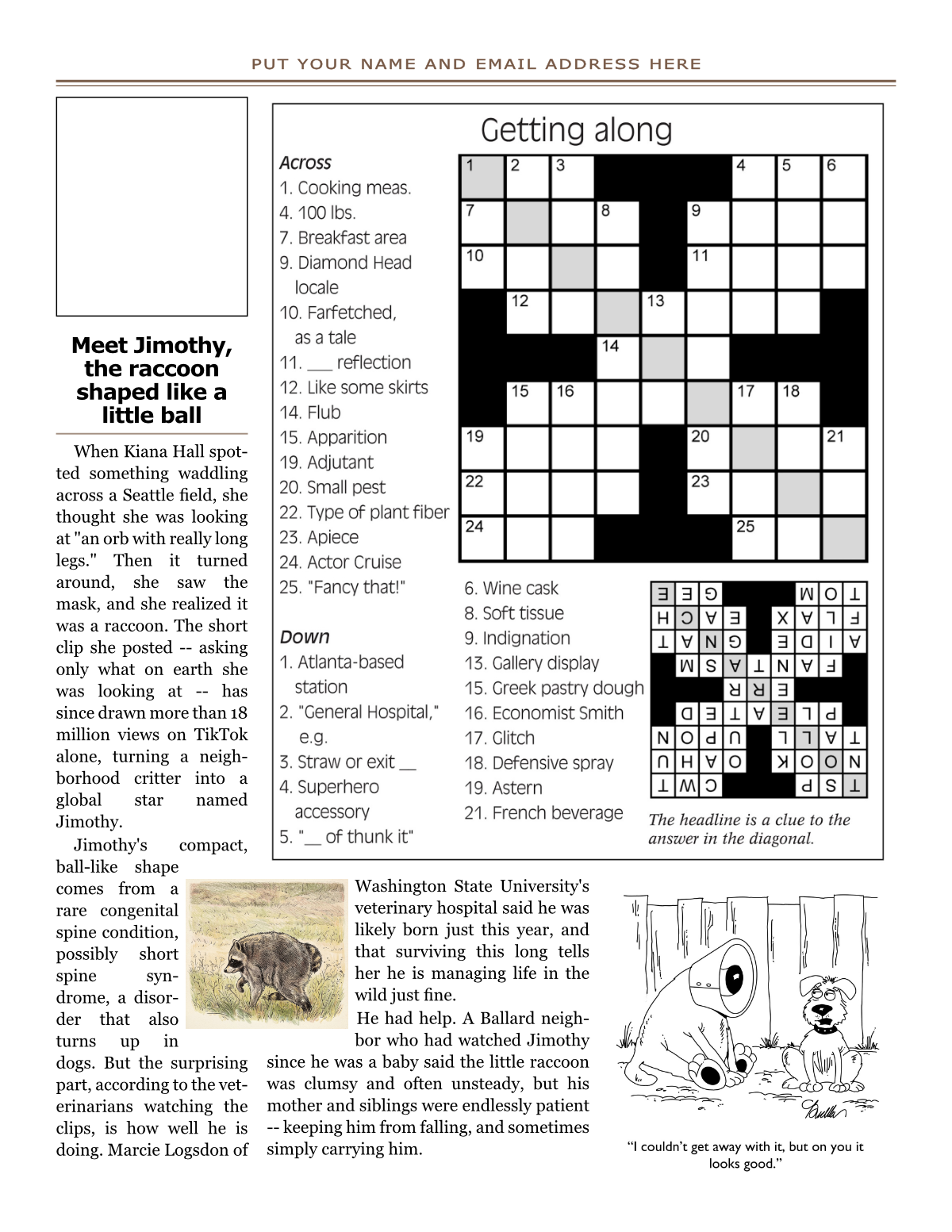 Good News Seniors, crossword, cartoon, informational article