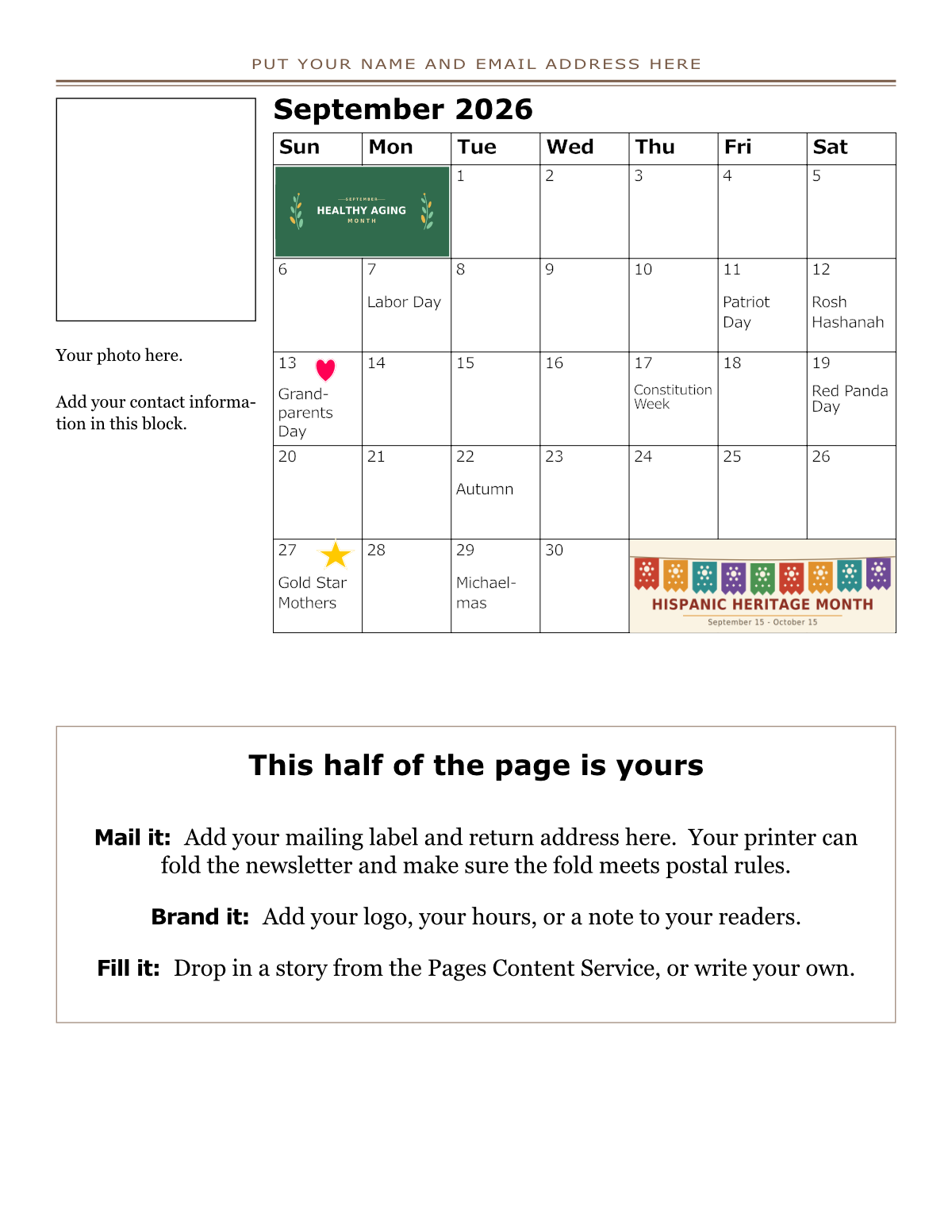 Good News for Seniors, Half page calendar and mailing label.