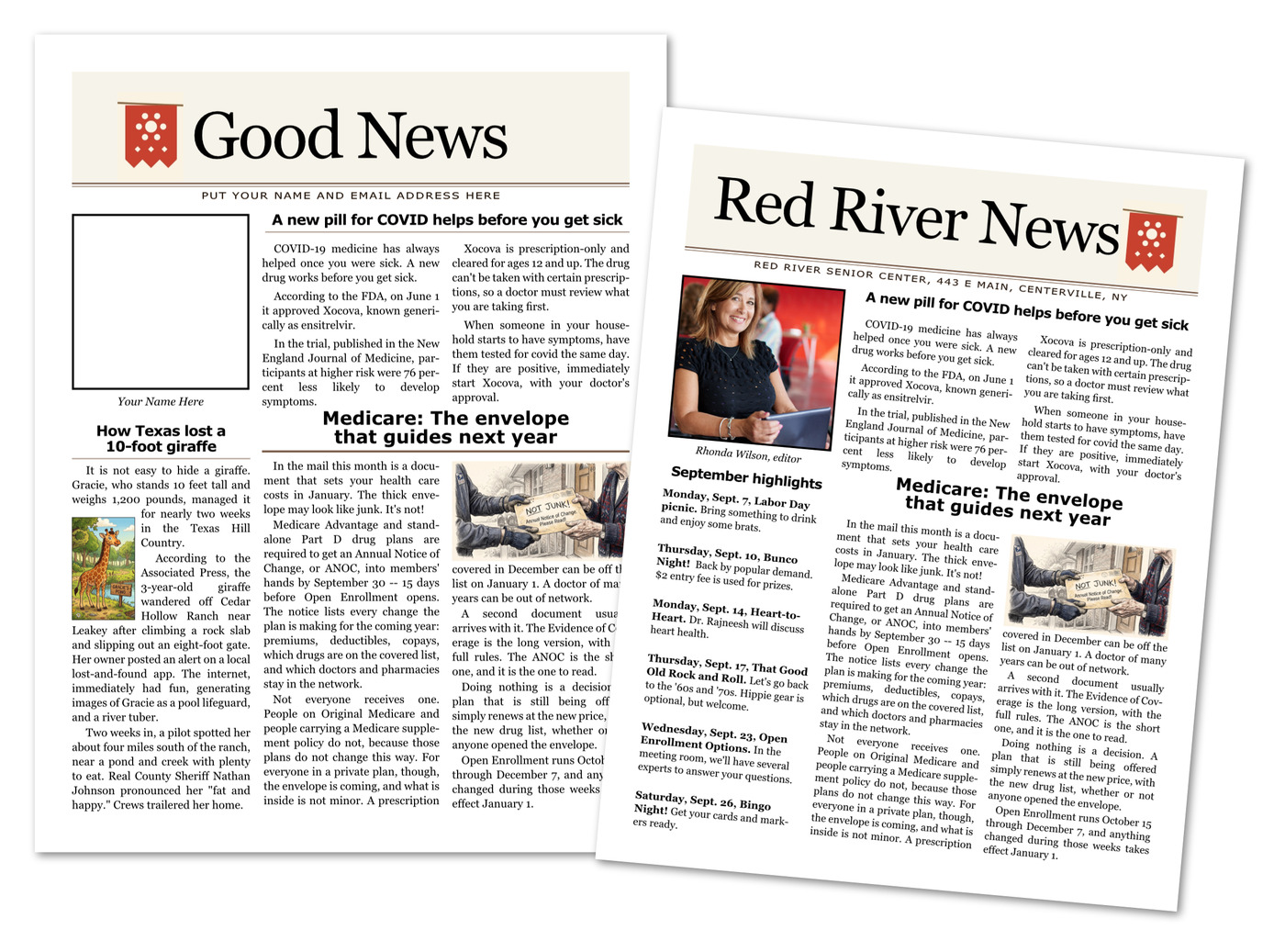 Good News for Seniors newsletter as delivered, beside the same issue personalized as Red River News with a senior center's own name, photo, and events.