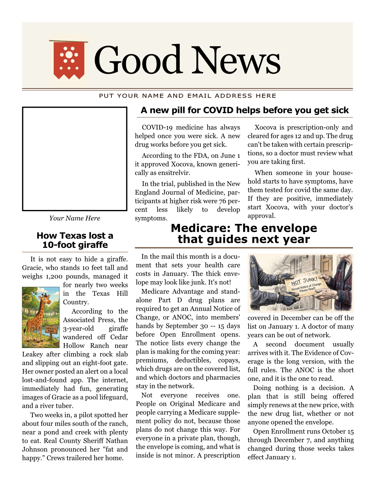 Page 1 of the Good News for Seniors finished newsletter